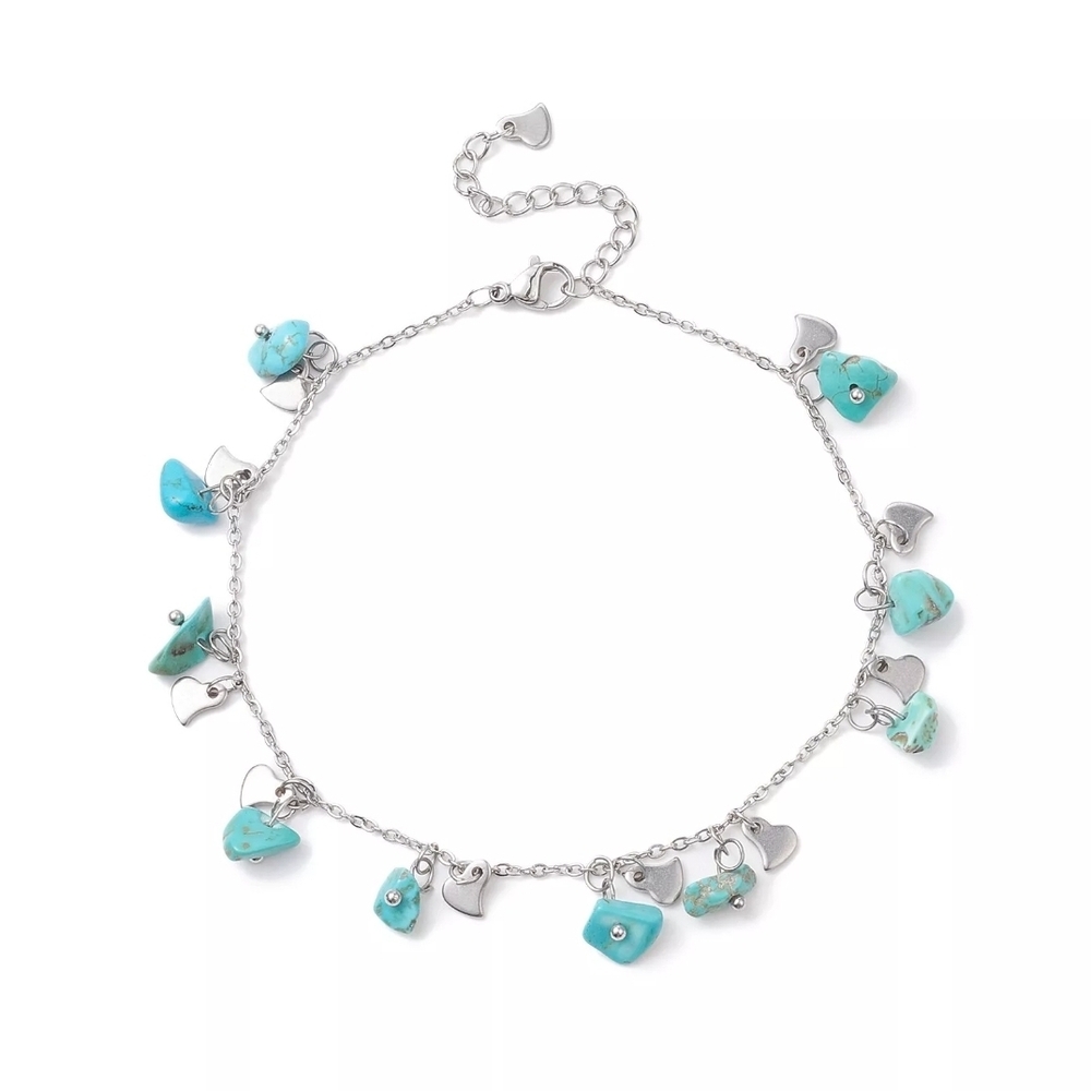 Stainless Steel and Turquoise Anklet With Heart Charms